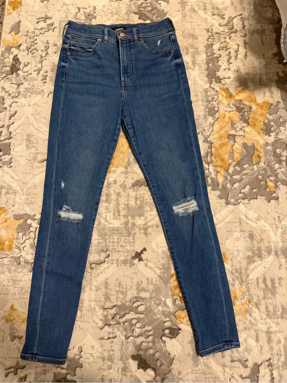 Express Dark Blue High-Rise Skinny Jeans with Knee Distress
